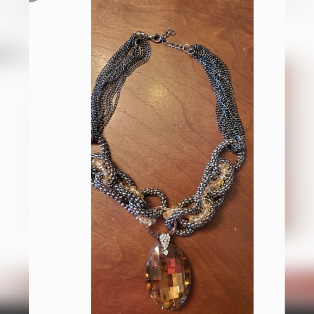 18" Black and Yellow Braided Beaded w/ Large Brown Rhinestone Statement Necklace